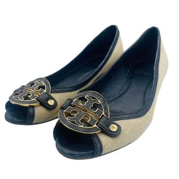 Tory Burch Amanda Open Toe Wedge In Natural/Black 8M - Picture 2 of 11